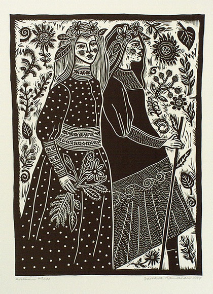 Artist: b'HANRAHAN, Barbara' | Title: b'Autumn.' | Date: 1989 | Technique: b'linocut, printed in black ink, from one block' Artist: b'HANRAHAN, Barbara' | Title: b'Autumn.' | Date: 1989 | Technique: b'linocut, printed in black ink, from one block'