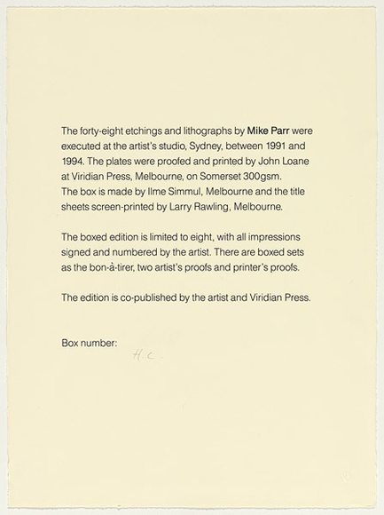 Artist: b'PARR, Mike' | Title: b'justification page' | Date: 1995 | Technique: b'letterpress, printed in black ink'
