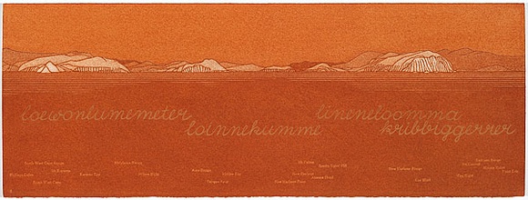 Artist: b'MADDOCK, Bea' | Title: b'Terra Spiritus...with a darker shade of pale' | Date: 1993-98 | Technique: b'stencil print, printed in hand-ground Launceston ochre from multiple hand-cut mylar stencils; letterpress text blind printed; hand-drawn script' Artist: b'MADDOCK, Bea' | Title: b'Terra Spiritus...with a darker shade of pale' | Date: 1993-98 | Technique: b'stencil print, printed in hand-ground Launceston ochre from multiple hand-cut mylar stencils; letterpress text blind printed; hand-drawn script'