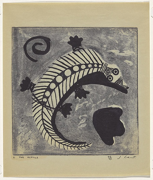 Artist: b'Cant, James.' | Title: b'The reptile' | Date: 1948 | Technique: b'cliche-verre, printed in blue pigment, from one hand-drawn glass plate' Artist: b'Cant, James.' | Title: b'The reptile' | Date: 1948 | Technique: b'cliche-verre, printed in blue pigment, from one hand-drawn glass plate'