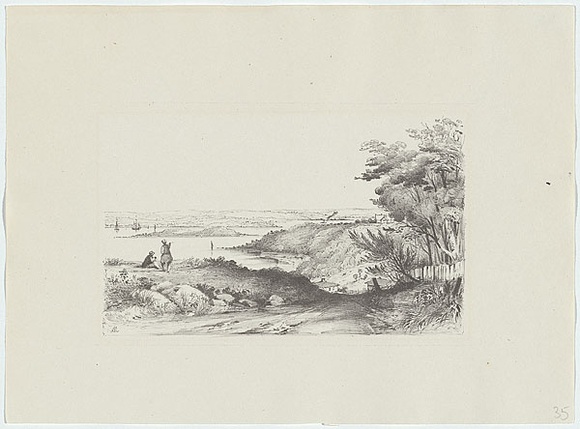 Artist: b'Martens, Conrad.' | Title: b'Port of Port Jackson with Garden Island, from near the church, Darling Point.' | Date: 1850-59 | Technique: b'lithograph, printed in black ink, from one stone' Artist: b'Martens, Conrad.' | Title: b'Port of Port Jackson with Garden Island, from near the church, Darling Point.' | Date: 1850-59 | Technique: b'lithograph, printed in black ink, from one stone'