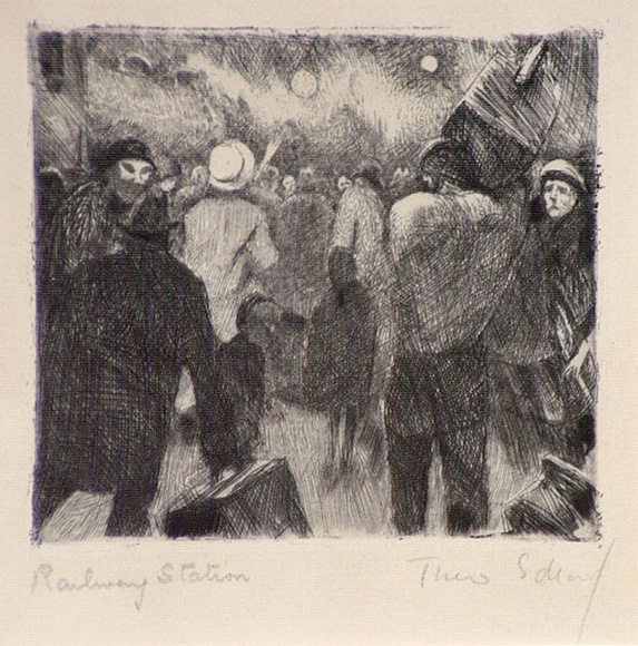 Artist: b'Scharf, Theo.' | Title: b'Railway station' | Date: c.1922 | Technique: b'etching and drypoint, printed in black ink, from one plate' | Copyright: b'\xc2\xa9 The Estate of Theo Scharf.' Artist: b'Scharf, Theo.' | Title: b'Railway station' | Date: c.1922 | Technique: b'etching and drypoint, printed in black ink, from one plate' | Copyright: b'\xc2\xa9 The Estate of Theo Scharf.'