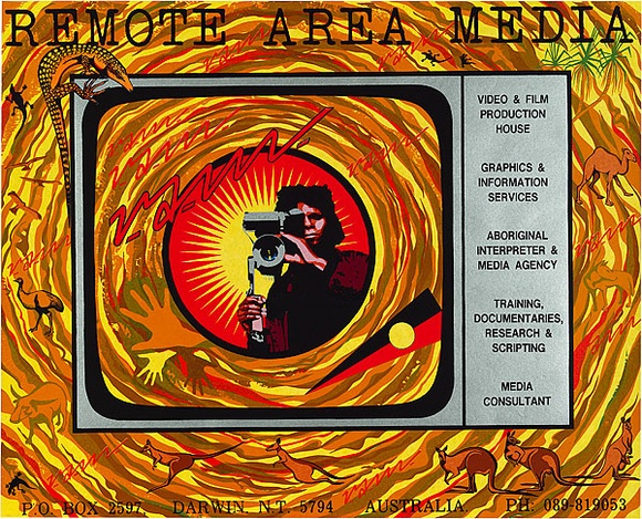 Artist: b'REDBACK GRAPHIX' | Title: b'Remote area media' | Date: 1985 | Technique: b'screenprint, printed in colour, from eight stencils' | Copyright: b'\xc2\xa9 Raymond John Young' Artist: b'REDBACK GRAPHIX' | Title: b'Remote area media' | Date: 1985 | Technique: b'screenprint, printed in colour, from eight stencils' | Copyright: b'\xc2\xa9 Raymond John Young'