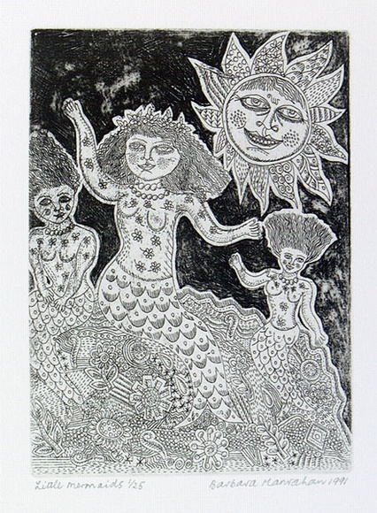 Artist: b'HANRAHAN, Barbara' | Title: b'Little mermaids' | Date: 1991 | Technique: b'drypoint and etching, printed in black, with plate-tone from one plate' Artist: b'HANRAHAN, Barbara' | Title: b'Little mermaids' | Date: 1991 | Technique: b'drypoint and etching, printed in black, with plate-tone from one plate'