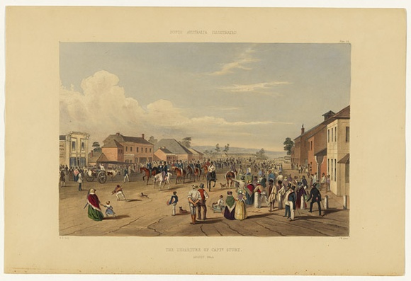 Artist: b'Angas, George French.' | Title: b'The Departure of Captain Sturt, August 1844.' | Date: 1846-47 | Technique: b'lithograph, printed in colour, from multiple stones; varnish highlights by brush' Artist: b'Angas, George French.' | Title: b'The Departure of Captain Sturt, August 1844.' | Date: 1846-47 | Technique: b'lithograph, printed in colour, from multiple stones; varnish highlights by brush'