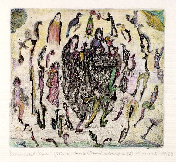 Artist: b'Shearer, Mitzi.' | Title: b'Once upon a time' | Date: 1979-83 | Technique: b'etching, drypoint, printed in black ink, from one plate, hand-coloured' Artist: b'Shearer, Mitzi.' | Title: b'Once upon a time' | Date: 1979-83 | Technique: b'etching, drypoint, printed in black ink, from one plate, hand-coloured'