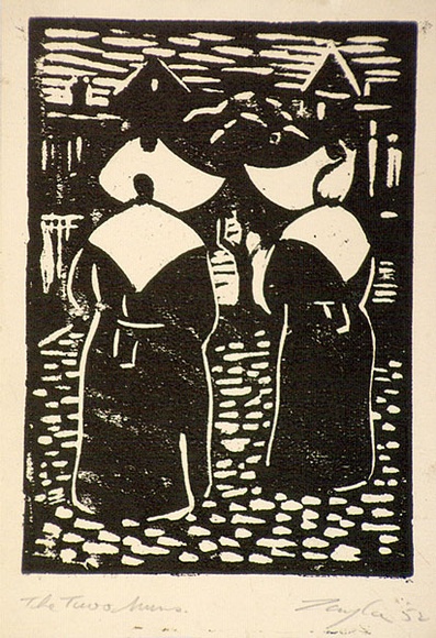 Artist: b'Taylor, John H.' | Title: b'The two nuns, Chartres' | Date: 1952 | Technique: b'linocut, printed in black ink, from one block' Artist: b'Taylor, John H.' | Title: b'The two nuns, Chartres' | Date: 1952 | Technique: b'linocut, printed in black ink, from one block'