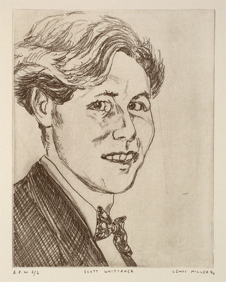 Artist: b'Miller, Lewis.' | Title: b'Scott Whittaker' | Date: 1994 | Technique: b'etching, softground, printed in black ink, from one plate' | Copyright: b'\xc2\xa9 Lewis Miller. Licensed by VISCOPY, Australia' Artist: b'Miller, Lewis.' | Title: b'Scott Whittaker' | Date: 1994 | Technique: b'etching, softground, printed in black ink, from one plate' | Copyright: b'\xc2\xa9 Lewis Miller. Licensed by VISCOPY, Australia'