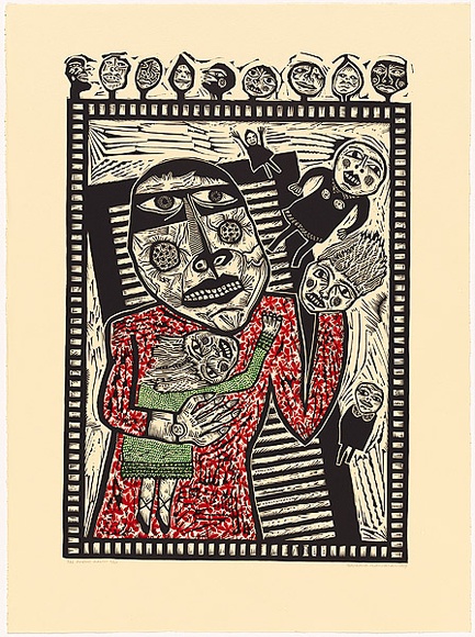Artist: b'HANRAHAN, Barbara' | Title: b'The puppet-master' | Date: 1989 | Technique: b'linocut, printed in colour, from three blocks' Artist: b'HANRAHAN, Barbara' | Title: b'The puppet-master' | Date: 1989 | Technique: b'linocut, printed in colour, from three blocks'