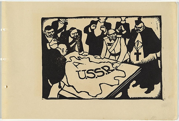 Artist: b'UNKNOWN, WORKER ARTISTS, SYDNEY, NSW' | Title: b'Not titled (meeting around USSR map).' | Date: 1933 | Technique: b'linocut, printed in black ink, from one block' Artist: b'UNKNOWN, WORKER ARTISTS, SYDNEY, NSW' | Title: b'Not titled (meeting around USSR map).' | Date: 1933 | Technique: b'linocut, printed in black ink, from one block'