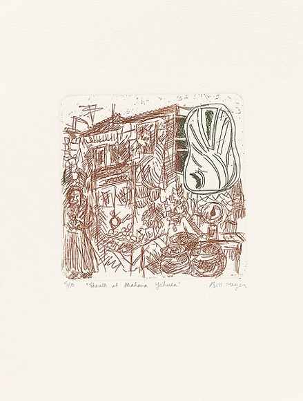 Artist: b'MEYER, Bill' | Title: b'Shouk at Mahane Yehuda.' | Date: 1992 | Technique: b'etching, printed in brown ink a la poup\xc3\xa9e, from one zinc plate' | Copyright: b'\xc2\xa9 Bill Meyer' Artist: b'MEYER, Bill' | Title: b'Shouk at Mahane Yehuda.' | Date: 1992 | Technique: b'etching, printed in brown ink a la poup\xc3\xa9e, from one zinc plate' | Copyright: b'\xc2\xa9 Bill Meyer'