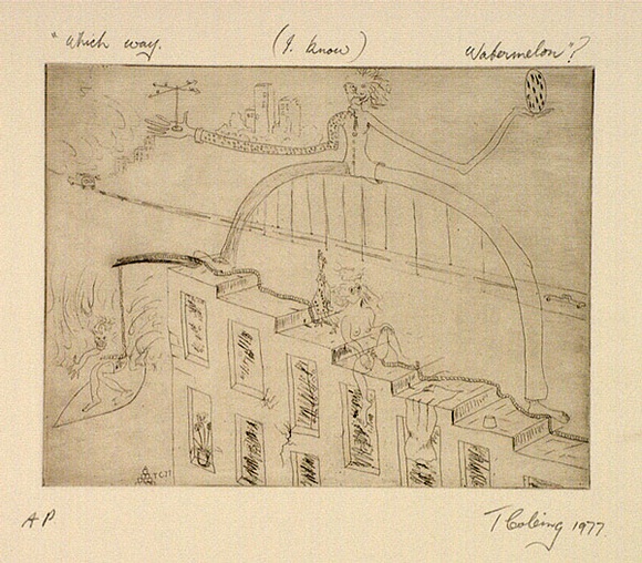 Artist: b'COLEING, Tony' | Title: b'Which way (I know) watermelon?.' | Date: 1977 | Technique: b'hardground etching, printed in black ink, from one zinc plate' Artist: b'COLEING, Tony' | Title: b'Which way (I know) watermelon?.' | Date: 1977 | Technique: b'hardground etching, printed in black ink, from one zinc plate'
