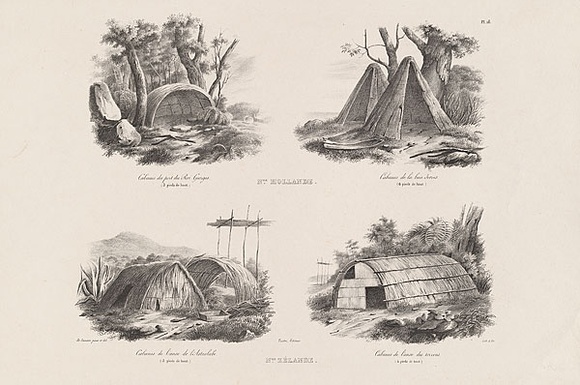 Artist: b'Sainson, Louis de.' | Title: b'New Holland and New Zealand huts.' | Date: 1833 | Technique: b'lithograph, printed in black ink, from one stone' Artist: b'Sainson, Louis de.' | Title: b'New Holland and New Zealand huts.' | Date: 1833 | Technique: b'lithograph, printed in black ink, from one stone'
