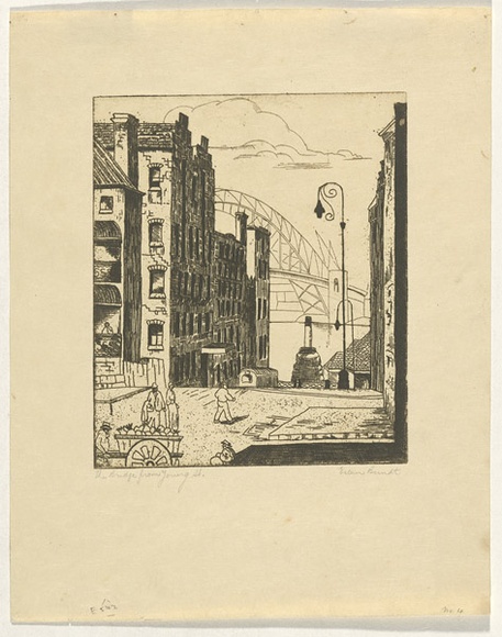 Artist: b'Berndt, Eileen.' | Title: b'The bridge from Young Street.' | Date: c.1930s | Technique: b'etching, printed in black ink, from one plate' Artist: b'Berndt, Eileen.' | Title: b'The bridge from Young Street.' | Date: c.1930s | Technique: b'etching, printed in black ink, from one plate'