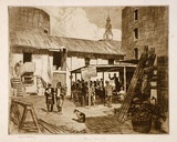 Artist: LINDSAY, Lionel | Title: The plant auction, Hunter Street | Technique: etching, printed in brown ink with plate-tone, from one plate | Copyright: Courtesy of the National Library of Australia