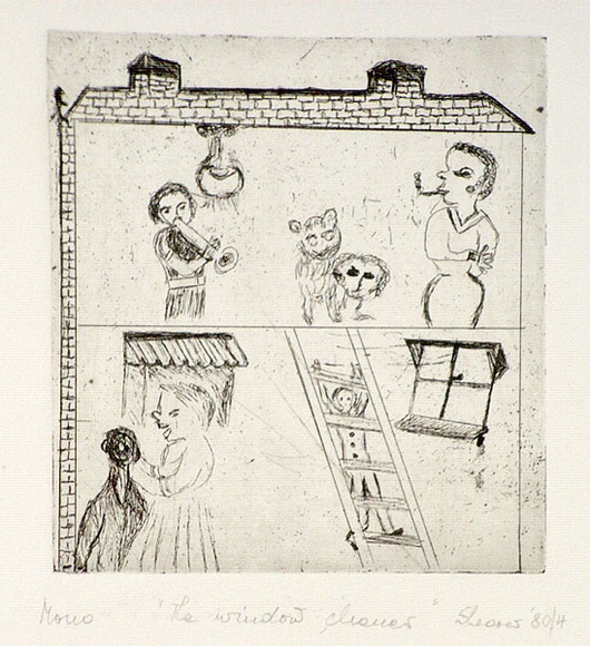 Artist: b'Shearer, Mitzi.' | Title: b'The window cleaner' | Date: 1980 | Technique: b'etching, printed in black ink with plate-tone, from one plate' Artist: b'Shearer, Mitzi.' | Title: b'The window cleaner' | Date: 1980 | Technique: b'etching, printed in black ink with plate-tone, from one plate'