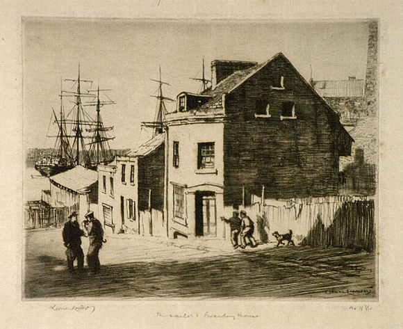 Artist: b'LINDSAY, Lionel' | Title: bThe sailor's boarding house | Date: 1925 | Technique: b'etching, drypoint, printed in black ink with plate-tone, from one plate' | Copyright: b'Courtesy of the National Library of Australia' Artist: b'LINDSAY, Lionel' | Title: bThe sailor's boarding house | Date: 1925 | Technique: b'etching, drypoint, printed in black ink with plate-tone, from one plate' | Copyright: b'Courtesy of the National Library of Australia'