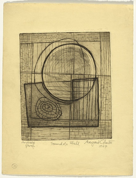 Artist: b'Cilento, Margaret.' | Title: b'Sound of a shell.' | Date: 1947 | Technique: b'etching, aquatint, softground printed in black ink, from two plates,' Artist: b'Cilento, Margaret.' | Title: b'Sound of a shell.' | Date: 1947 | Technique: b'etching, aquatint, softground printed in black ink, from two plates,'