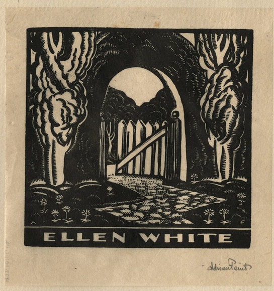Artist: b'FEINT, Adrian' | Title: b'Bookplate: Ellen White.' | Date: (1933) | Technique: b'wood-engraving, printed in black ink, from one block' | Copyright: b'Courtesy the Estate of Adrian Feint' Artist: b'FEINT, Adrian' | Title: b'Bookplate: Ellen White.' | Date: (1933) | Technique: b'wood-engraving, printed in black ink, from one block' | Copyright: b'Courtesy the Estate of Adrian Feint'