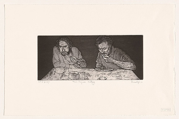Artist: b'Dunlop, Brian.' | Title: b'Two rogues eating' | Date: 1990, November | Technique: b'etching and aquatint, printed in black ink, from one plate' Artist: b'Dunlop, Brian.' | Title: b'Two rogues eating' | Date: 1990, November | Technique: b'etching and aquatint, printed in black ink, from one plate'