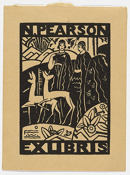 Artist: b'Weitzel, Frank.' | Title: b'Bookplate: N Pearson' | Date: c.1931 | Technique: b'linocut, printed in black ink, from one block' Artist: b'Weitzel, Frank.' | Title: b'Bookplate: N Pearson' | Date: c.1931 | Technique: b'linocut, printed in black ink, from one block'