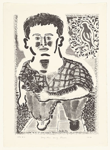 Artist: b'Francis, David.' | Title: b'Young man giving flowers' | Date: 1984 | Technique: b'lithograph, printed in black ink, from one stone' Artist: b'Francis, David.' | Title: b'Young man giving flowers' | Date: 1984 | Technique: b'lithograph, printed in black ink, from one stone'