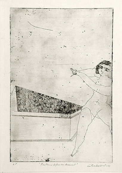 Artist: b'BALDESSIN, George' | Title: b'Performer before own monument.' | Date: 1963 | Technique: b'etching, electric engraving tool and foul biting, printed in black ink, from one plate' Artist: b'BALDESSIN, George' | Title: b'Performer before own monument.' | Date: 1963 | Technique: b'etching, electric engraving tool and foul biting, printed in black ink, from one plate'