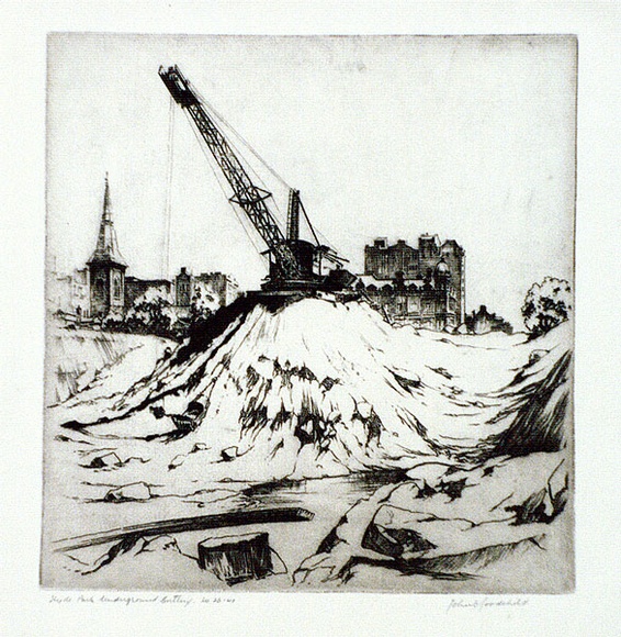 Artist: b'GOODCHILD, John' | Title: b'Hyde Park underground cutting' | Date: 1923 | Technique: b'etching, printed in brown ink with plate-tone, from one plate' Artist: b'GOODCHILD, John' | Title: b'Hyde Park underground cutting' | Date: 1923 | Technique: b'etching, printed in brown ink with plate-tone, from one plate'