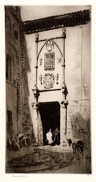 Artist: b'LINDSAY, Lionel' | Title: b'Inn of the Holy Brotherhood, Toledo' | Date: 1926 | Technique: b'drypoint, printed in brown ink with plate-tone, from one plate' | Copyright: b'Courtesy of the National Library of Australia' Artist: b'LINDSAY, Lionel' | Title: b'Inn of the Holy Brotherhood, Toledo' | Date: 1926 | Technique: b'drypoint, printed in brown ink with plate-tone, from one plate' | Copyright: b'Courtesy of the National Library of Australia'
