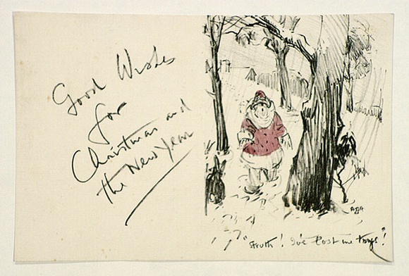 Artist: b'Herbert, Harold.' | Title: b'Greeting card: Christmas Struth! I\'ve lost me toys!' | Date: 1939 | Technique: b'lithoraph, printed in black ink, from one stone; hand-coloured' Artist: b'Herbert, Harold.' | Title: b'Greeting card: Christmas Struth! I\'ve lost me toys!' | Date: 1939 | Technique: b'lithoraph, printed in black ink, from one stone; hand-coloured'