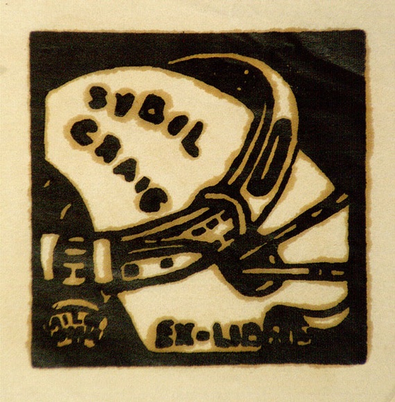 Artist: b'Craig, Sybil.' | Title: b'Bookplate: Sybil Crail (tail wagger).' | Technique: b'linocut, printed in black ink, from one block' Artist: b'Craig, Sybil.' | Title: b'Bookplate: Sybil Crail (tail wagger).' | Technique: b'linocut, printed in black ink, from one block'