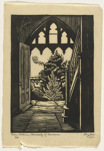 Artist: b'Cox, Roy.' | Title: b'Main entrance, University of Tasmania.' | Date: 1932 | Technique: b'linocut, printed in black ink, from one block' Artist: b'Cox, Roy.' | Title: b'Main entrance, University of Tasmania.' | Date: 1932 | Technique: b'linocut, printed in black ink, from one block'