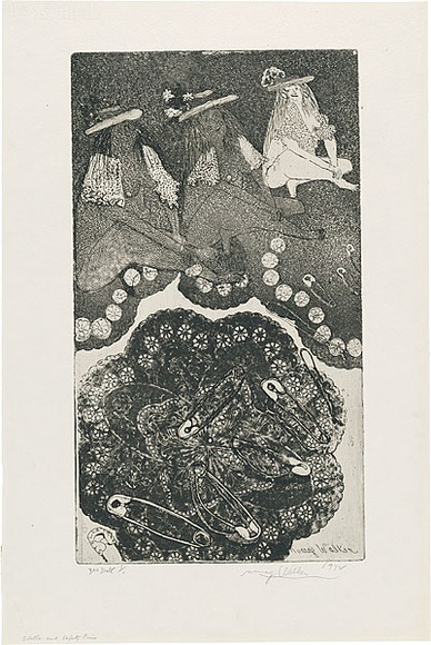 Artist: b'WALKER, Murray' | Title: b'Stella and safety pins.' | Date: 1972 | Technique: b'softground-etching and aquatint, printed in black ink, from one plate' Artist: b'WALKER, Murray' | Title: b'Stella and safety pins.' | Date: 1972 | Technique: b'softground-etching and aquatint, printed in black ink, from one plate'