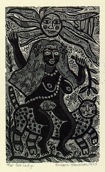 Artist: b'HANRAHAN, Barbara' | Title: b'Cat lady' | Date: 1977 | Technique: b'wood-engraving, printed in black ink, from one block' Artist: b'HANRAHAN, Barbara' | Title: b'Cat lady' | Date: 1977 | Technique: b'wood-engraving, printed in black ink, from one block'