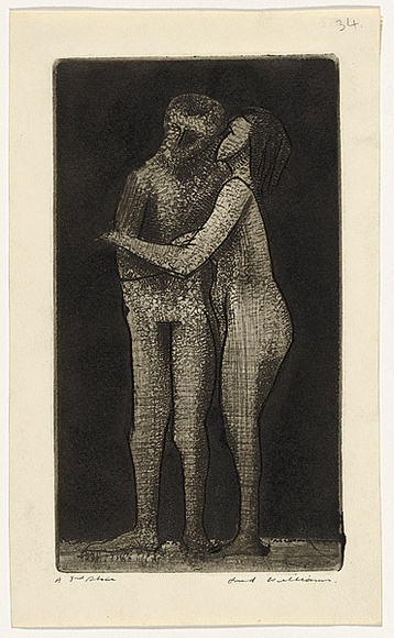 Artist: b'WILLIAMS, Fred' | Title: b'Adam and Eve' | Date: 1960 | Technique: b'deep etch, aquatint, engraving, drypoint, printed in black ink, from one plate' | Copyright: b'\xc2\xa9 Fred Williams Estate' Artist: b'WILLIAMS, Fred' | Title: b'Adam and Eve' | Date: 1960 | Technique: b'deep etch, aquatint, engraving, drypoint, printed in black ink, from one plate' | Copyright: b'\xc2\xa9 Fred Williams Estate'