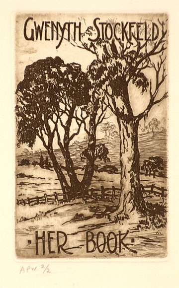 Artist: b'Stockfeld, R.H.' | Title: b'Gwyneth Stockfeld - her book' | Date: c.1935 | Technique: b'engraving, printed in brown ink, from one plate' Artist: b'Stockfeld, R.H.' | Title: b'Gwyneth Stockfeld - her book' | Date: c.1935 | Technique: b'engraving, printed in brown ink, from one plate'