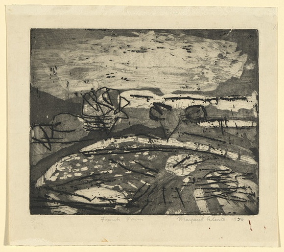 Artist: b'Cilento, Margaret.' | Title: b'French farm.' | Date: 1950 | Technique: b'aquatint, softground-etching, printed in black ink, from one plate' Artist: b'Cilento, Margaret.' | Title: b'French farm.' | Date: 1950 | Technique: b'aquatint, softground-etching, printed in black ink, from one plate'