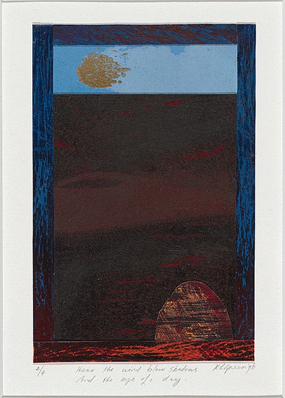 Artist: b'Green, Kaye.' | Title: b'Hear the wind blow shadows and the eye of a day' | Date: 1996 | Technique: b'linocut, printed in colour, from multiple bocks; with collage and embossing' Artist: b'Green, Kaye.' | Title: b'Hear the wind blow shadows and the eye of a day' | Date: 1996 | Technique: b'linocut, printed in colour, from multiple bocks; with collage and embossing'