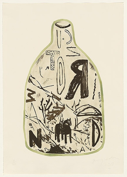 Artist: b'Watson, Jenny.' | Title: b'The bottled memories' | Date: 1988 | Technique: b'etching, aquatint, liftground and roulette, printed in brown ink with plate-tone, from one zinc plate; hand-coloured' Artist: b'Watson, Jenny.' | Title: b'The bottled memories' | Date: 1988 | Technique: b'etching, aquatint, liftground and roulette, printed in brown ink with plate-tone, from one zinc plate; hand-coloured'