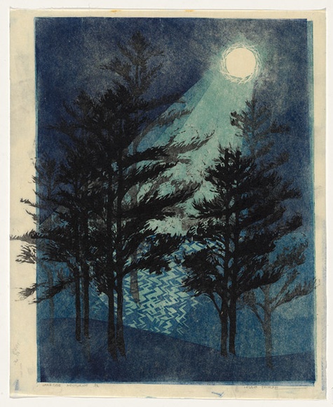 Artist: b'Thorpe, Lesbia.' | Title: b'Lakeside nocturne' | Date: 1959 | Technique: b'linocut, printed in colour, from three blocks' Artist: b'Thorpe, Lesbia.' | Title: b'Lakeside nocturne' | Date: 1959 | Technique: b'linocut, printed in colour, from three blocks'
