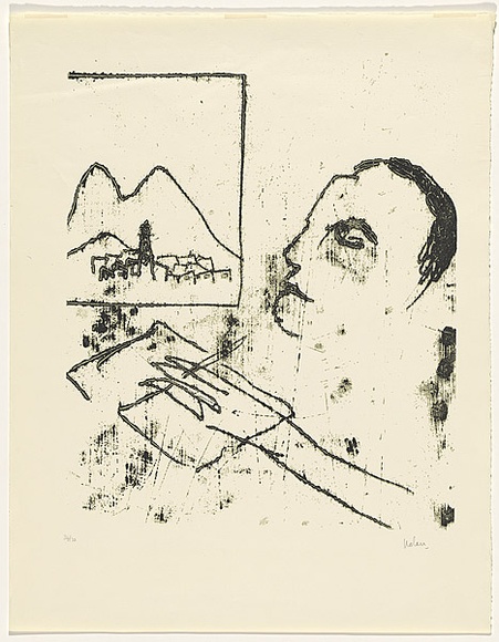Artist: b'Nolan, Sidney.' | Title: bIllustration to 'News from Mount Amiata' by Mentale | Date: 1965 | Technique: b'screenprint, printed in two colours, from two stencils' Artist: b'Nolan, Sidney.' | Title: bIllustration to 'News from Mount Amiata' by Mentale | Date: 1965 | Technique: b'screenprint, printed in two colours, from two stencils'