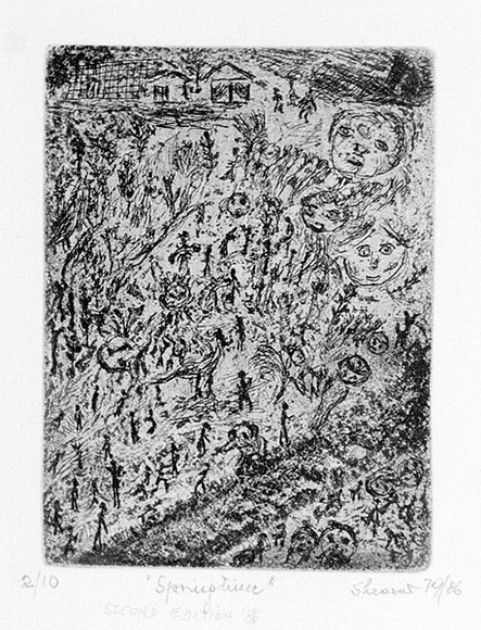 Artist: b'Shearer, Mitzi.' | Title: b'Springtime' | Date: 1979 | Technique: b'etching and aquatint, printed in black ink, from one plate' Artist: b'Shearer, Mitzi.' | Title: b'Springtime' | Date: 1979 | Technique: b'etching and aquatint, printed in black ink, from one plate'