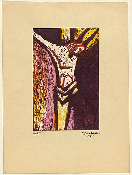 Artist: de Kesler, Thomas. | Title: not titled [Christ on the cross] | Date: about 1955 | Technique: linocut, printed in colour, from multiple blocks