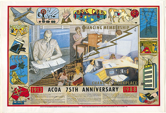 Artist: b'REDBACK GRAPHIX' | Title: b'ACOA 75th anniversary - Changing membership, changing workplace' | Date: 1988 | Technique: b'screenprint, printed in colour, from five stencils' | Copyright: b'\xc2\xa9 Michael Callaghan' Artist: b'REDBACK GRAPHIX' | Title: b'ACOA 75th anniversary - Changing membership, changing workplace' | Date: 1988 | Technique: b'screenprint, printed in colour, from five stencils' | Copyright: b'\xc2\xa9 Michael Callaghan'