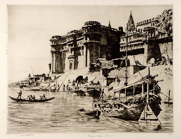 Artist: b'LINDSAY, Lionel' | Title: bRajah's Palace, Benares | Date: 1930 | Technique: b'drypoint, printed in brown ink, from one plate' | Copyright: b'Courtesy of the National Library of Australia' Artist: b'LINDSAY, Lionel' | Title: bRajah's Palace, Benares | Date: 1930 | Technique: b'drypoint, printed in brown ink, from one plate' | Copyright: b'Courtesy of the National Library of Australia'