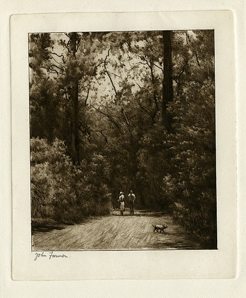 Artist: b'Farmer, John.' | Title: b'(Two figures and dog on road).' | Date: c.1960 | Technique: b'drypoint, etching printed in brown ink with plate-tone, from one plate' Artist: b'Farmer, John.' | Title: b'(Two figures and dog on road).' | Date: c.1960 | Technique: b'drypoint, etching printed in brown ink with plate-tone, from one plate'