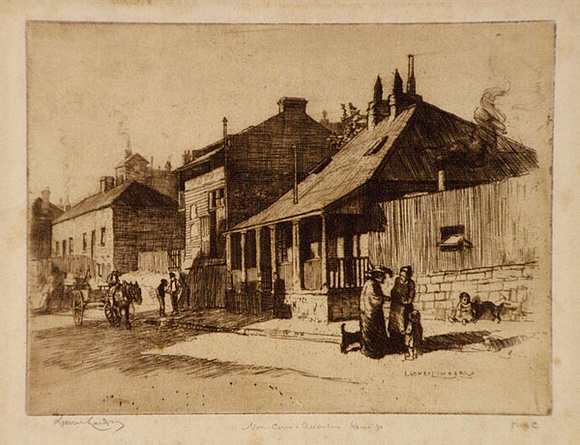 Artist: LINDSAY, Lionel | Title: Non-Commissioned Officers' quarters, Kent Street | Date: 1911 | Technique: etching, printed in brown ink with plate-tone, from one plate | Copyright: Courtesy of the National Library of Australia Artist: LINDSAY, Lionel | Title: Non-Commissioned Officers' quarters, Kent Street | Date: 1911 | Technique: etching, printed in brown ink with plate-tone, from one plate | Copyright: Courtesy of the National Library of Australia