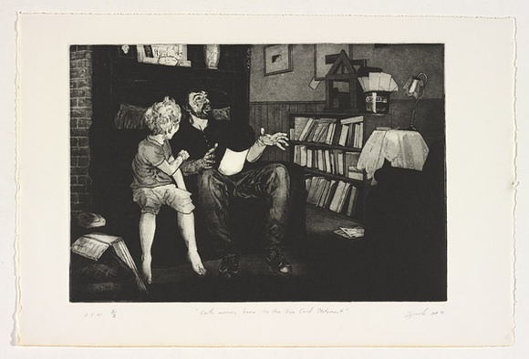 Artist: b'James, Garry.' | Title: b'Garth arrives home to the Visa card statement' | Date: 1991, January | Technique: b'etching printed in black in with plate-tone, from one plate' Artist: b'James, Garry.' | Title: b'Garth arrives home to the Visa card statement' | Date: 1991, January | Technique: b'etching printed in black in with plate-tone, from one plate'