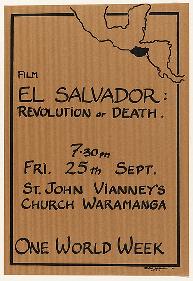Artist: b'LITTLE, Colin' | Title: b'Film El Salvador: Revolution or Death ... One world week' | Date: 1981 | Technique: b'screenprint, printed in black ink, from one stencil' Artist: b'LITTLE, Colin' | Title: b'Film El Salvador: Revolution or Death ... One world week' | Date: 1981 | Technique: b'screenprint, printed in black ink, from one stencil'