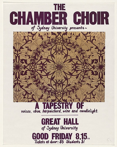 Artist: b'MACKINOLTY, Chips' | Title: b'The Chamber Choir of Sydney University' | Date: 1976 | Technique: b'screenprint, printed in colour, from two stencils' Artist: b'MACKINOLTY, Chips' | Title: b'The Chamber Choir of Sydney University' | Date: 1976 | Technique: b'screenprint, printed in colour, from two stencils'